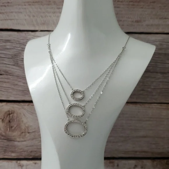 Sterling Silver 925 Three Tier Oval Necklace - Picture 3 of 4